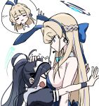  &gt;_&lt; 2girls animal_ears aris_(blue_archive) aris_(maid)_(blue_archive) blue_archive blue_bow bow braid breasts closed_eyes earpiece fake_animal_ears french_braid halo headpat looking_down maid maid_headdress mei_mu multiple_girls official_alternate_costume official_alternate_hairstyle outstretched_arms playboy_bunny rabbit_ears simple_background toki_(blue_archive) toki_(bunny)_(blue_archive) white_background 