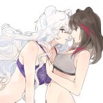  2girls animal_ears arknights bear_ears bear_girl blue_eyes blue_hair bra breasts brown_hair curly_hair dal-gi eye_contact face-to-face grey_sports_bra groin highres large_breasts long_hair looking_at_another multicolored_hair multiple_girls navel purple_bra red_eyes red_hair rosa_(arknights) simple_background small_breasts sports_bra strap_pull streaked_hair underwear upper_body very_long_hair white_background white_hair yuri zima_(arknights) 