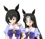  2girls animal_ears black_hair bow bowtie commentary ear_bow ear_ornament fukuro_(maruaru00) genderswap genderswap_(mtf) green_eyes grey_hair hair_intakes headgear highres horse_ears horse_girl kin&#039;iro_ryotei_(umamusume) multicolored_hair multiple_girls original personification puffy_short_sleeves puffy_sleeves purple_bow purple_bowtie purple_eyes purple_shirt reins sailor_collar sailor_shirt school_uniform shirt short_sleeves sideways_glance simple_background smirk stay_gold_(racehorse) summer_uniform tracen_school_uniform trait_connection two-tone_hair umamusume white_background white_sailor_collar 