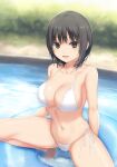  1girl :d aoyama_sumika bare_arms bare_legs bikini black_hair breasts brown_hair cleavage coffee-kizoku collarbone commentary_request day hair_between_eyes highres innertube large_breasts looking_at_viewer navel open_mouth original outdoors pool short_hair side-tie_bikini_bottom smile solo spread_legs squatting stomach swimsuit white_bikini 