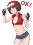  1girl adjusting_clothes adjusting_headwear amagami baseball_cap black_gloves black_panties blue_shorts bob_cut brown_eyes brown_hair clenched_hand collarbone cropped_vest cutoffs denim drop_shadow english_text feilong_(rong0102) gloves gold_bracelet groin hat leaning_forward looking_at_viewer midriff navel one_eye_closed open_clothes open_fly open_shorts open_vest panties partially_unzipped red_headwear red_panties short_hair short_shorts shorts solo sports_bra standing tachibana_miya toned two-tone_panties underwear unzipped vest w_arms white_background white_headwear white_sports_bra zipper zipper_pull_tab 