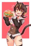  1girl :d animal_ears black_hair black_jacket black_panties burger cat_ears cat_girl cat_tail commentary cougar_(cougar1404) cut_cat facial_mark fang food holding holding_food hood hood_down hooded_jacket jacket kua_(cut_cat) long_sleeves looking_at_viewer multicolored_hair no_pants notice_lines open_mouth orange_eyes orange_hair outline outside_border panties red_background ribbed_panties short_hair single_thighhigh smile solo standing streaked_hair tail thighhighs underwear whisker_markings white_outline 