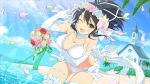  1girl asuka_(senran_kagura) beach bell black_hair blue_flower blue_rose blue_sky blush bouquet bow breasts bridal_lingerie bride brown_eyes church cleavage cloud day door elbow_gloves flower gloves hair_flower hair_ornament hair_ribbon horizon lace large_breasts lingerie looking_at_viewer ocean official_alternate_costume official_art open_mouth outdoors palm_tree panties pink_flower pink_rose ponytail red_flower red_rose ribbon rose sand senran_kagura senran_kagura_new_link senran_kagura_shoujo-tachi_no_shin&#039;ei short_hair sky smile solo steeple thigh_strap thighhighs thighlet tree underwear water white_bow white_gloves white_panties white_ribbon white_thighhighs window yaegashi_nan yellow_flower yellow_rose 