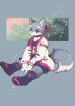  abstract_background anthro blue_eyes boots clothed clothing footwear full-length_portrait fur grey_body grey_fur hi_res itohpalpal kemono male portrait sitting smile solo white_body white_fur 