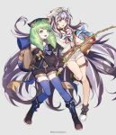  2girls absurdres artist_name bare_shoulders basket black_hair boots commission drill_hair feather_hair_ornament feathers fire_emblem fire_emblem:_three_houses fire_emblem_engage fire_emblem_heroes fish fishing_rod flayn_(fire_emblem) full_body green_eyes green_hair grey_hair hair_ornament highres holding holding_basket long_hair long_sleeves looking_at_viewer multicolored_hair multiple_girls open_mouth petite pixiv_commission purple_eyes shorts silvercandy_gum simple_background smile thigh_strap thighhighs two-tone_hair very_long_hair veyle_(fire_emblem) 