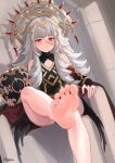  1girl absurdres barefoot closed_mouth crown dress feet fire_emblem fire_emblem_heroes grey_hair hair_ornament highres long_hair norza petite red_eyes sitting soles solo toes veronica_(fire_emblem) 
