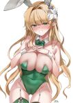  1girl absurdres animal_ears bare_arms bare_shoulders blonde_hair blush bow bowtie breasts character_request cleavage covered_navel detached_collar dolechan dungeon_and_fighter fake_animal_ears garter_straps green_bow green_bowtie green_eyes green_leotard green_thighhighs hair_intakes hair_ornament hands_on_own_chest highres large_breasts leotard long_hair open_mouth own_hands_together playboy_bunny pointy_ears rabbit_ears sideboob simple_background smile solo thigh_gap thighhighs white_background white_garter_straps 