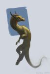  2023 ambiguous_gender dragon fangs feral hi_res horn karbik_(artist) looking_aside mane scalie simple_background solo teeth underbite wingless_dragon 
