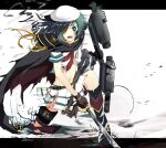  battle_damage belt black_cape cape eyepatch eyepatch_removed green_hair hat heterochromia highres holding holding_sword holding_weapon injury kantai_collection kiso_(kancolle) midriff mitsu3_haya navel neckerchief no_panties on_one_knee open_mouth red_neckerchief sailor_hat school_uniform serafuku short_hair skirt sword teeth torn_clothes weapon white_background white_skirt 