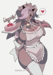  absurd_res anthro apron blush breasts brown_body brown_fur brown_hair cake clothed clothing dessert female food fur hair hi_res horizontal_pupils horn looking_at_viewer mammal noona_(noona_plz) noona_plz pupils simple_background solo tongue tongue_out 