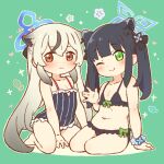  2girls animal_ear_fluff animal_ears barefoot bikini black_bikini black_hair black_one-piece_swimsuit blue_archive blush breasts brown_eyes green_eyes grey_hair kokona_(blue_archive) long_hair looking_at_viewer multicolored_hair multiple_girls navel one-piece_swimsuit one_eye_closed onyhakase shun_(blue_archive) shun_(small)_(blue_archive) sitting small_breasts smile streaked_hair striped striped_one-piece_swimsuit swimsuit thighs tiger_ears tiger_girl twintails vertical-striped_one-piece_swimsuit vertical_stripes waving 