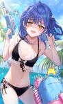  ahoge amamiya_kokoro amamiya_kokoro_(7th_costume) beach bikini black_bikini blue_hair blue_nails blush commentary_request fang hair_ornament highres holding holding_water_gun jewelry kashiwagi_touko medium_hair necklace nijisanji skin_fang swimsuit virtual_youtuber water_gun x_hair_ornament yellow_eyes 