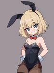  1girl animal_ears black_leotard blonde_hair blue_eyes bob_cut bow bowtie breasts brown_pantyhose cleavage detached_collar girls_und_panzer grey_background grin hands_on_own_hips highres katyusha_(girls_und_panzer) leotard looking_at_viewer pantyhose playboy_bunny rabbit_ears red_bow red_bowtie short_hair simple_background small_breasts smile solo strapless strapless_leotard wrist_cuffs 