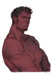  1boy bara colored_skin cropped_torso demon_boy demon_horns earrings facial_hair fangs from_side frown goatee_stubble highres horns jewelry large_pectorals long_sideburns looking_at_viewer male_focus mature_male muni_(fdrk) muscular muscular_male nipples original pectorals red_skin short_hair sideburns solo stubble thick_eyebrows v_arms 