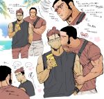  2boys beard black_eyes black_hair black_tank_top brown_hair closed_mouth dilated_pupils facial_hair golden_kamuy highres holding holding_phone kasuke_(li_tgknk) kiss kissing_cheek male_focus multiple_boys muscular muscular_male ocean ogata_hyakunosuke phone short_hair sideburns sound_effects summer sweatdrop tanigaki_genjirou tank_top translation_request undercut veins veiny_arms white_background yaoi 