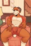  2023 4_fingers abs anthro athletic athletic_anthro athletic_male bedroom_eyes biceps blurred_background bodily_fluids bottomwear bovid bovid_horn brown_body brown_fur brown_hair bulge caprine caprine_horn chair clothed clothing colored detailed_background dripping erection eyebrows fingers footwear fur furniture genital_fluids genitals goat goat_horn hair half-closed_eyes hand_on_leg hand_on_thigh hi_res horn humanoid humanoid_genitalia humanoid_penis jewelry lamp looking_at_viewer male mammal muscular muscular_anthro muscular_arms muscular_male muscular_thighs narrowed_eyes nipples pecs penis pink_nipples poking_out precum precum_drip presenting pubes raised_clothing raised_shirt raised_topwear ram_horn red_bottomwear red_clothing red_shirt red_topwear red_underwear seductive shirt smile smiling_at_viewer socks solo stairs suggestive suggestive_pose t-shirt tail teeth teeth_showing thick_eyebrows topwear underwear white_body white_fur white_hair wilson_(wilsondoggo64) wilsondoggo64 yellow_eyes 