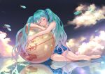  1girl absurdres aqua_hair arm_rest bare_arms bare_legs barefoot blue_ribbon blue_skirt clear_sky closed_eyes cloud cloudy_sky colored_tips dot_nose evening expressionless facing_viewer fantasy fingernails fish floor flying_fish frilled_shirt frills full_body globe gradient_hair hair_ribbon hand_rest hatsune_miku head_rest head_tilt highres long_hair multicolored_hair nap_on_a_cloud night night_sky on_floor outdoors parted_lips pink_hair pink_nails plaid plaid_ribbon plaid_skirt reflective_floor ribbon shirt sitting skirt sky sleeping sleeveless sleeveless_shirt solo toenails twintails very_long_hair vocaloid wavy_hair white_shirt yellow_clouds yokozuwari 