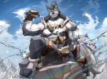  1boy abs bandaged_foot bandages bara bare_pectorals beard biceps black_hair blue_sky cloud cloudy_sky commission dagger dog_boy facial_hair flexing furry furry_male grey_fur hood hood_down jewelry knife large_pectorals leather looking_at_viewer male_focus muscular muscular_male necklace nipples o-ring o-ring_top original pectorals rainbow short_hair sky smile solo tekkowang thick_eyebrows tooth_necklace water_drop watermark weapon 