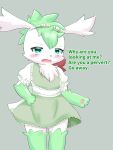  2023 anthro black_nose blue_eyes chest_tuft clothing dialogue embarrassed fangs fur generation_4_pokemon green_background green_body green_fur green_hair hair hi_res legendary_pokemon looking_at_viewer maid_apron maid_headdress maid_uniform male nintendo open_mouth pawpads paws pokemon pokemon_(species) puniwanko shaymin simple_background sky_forme_shaymin solo teeth tongue tuft uniform white_body white_fur 