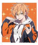  1boy absurdres black_jacket blonde_hair border earrings green_eyes highres hood hood_down hoodie jacket jewelry kao_ru05 looking_at_viewer male_focus multicolored_clothes multicolored_hair multicolored_jacket orange_background orange_hair orange_jacket project_sekai shinonome_akito solo tongue tongue_out white_border white_hoodie 