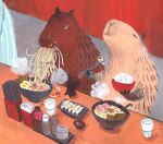  2others animal bottle bowl capybara chopsticks closed_eyes commentary cup dawning_crow dumpling eating english_commentary food holding holding_chopsticks indoors jiaozi multiple_others noodles nori_(seaweed) original ramen restaurant rice soy_sauce 