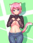  1girl animal_ears ass_visible_through_thighs black_shirt blue_eyes blush bob_cut breasts casual cat_ears cat_girl cat_tail cleavage closed_mouth clothes_lift commentary cougar_(cougar1404) cowboy_shot cut_cat denim green_background grey_pants jeans large_breasts lifted_by_self long_sleeves looking_at_viewer navel no_bra pants pfirsia_(cut_cat) pink_hair shadow shirt shirt_lift short_hair skin_tight smile solo standing symbol-only_commentary tail thigh_gap turtleneck 