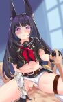  1girl absurdres animal_ears armor black_gloves black_hair commission dragalia_lost facing_viewer gloves hetero highres holding_hands leather_belt linnea_(dragalia_lost) long_hair looking_at_viewer navel purple_eyes rabbit_ears rabbit_girl ragnaveldt red_scarf scarf second-party_source sex vaginal 