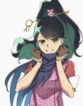 1girl ace_attorney ace_attorney_investigations black_hair blue_scarf brown_gloves gloves green_eyes hachi_kou high_ponytail highres karakusa_(pattern) kay_faraday key_hair_ornament long_hair looking_at_viewer open_mouth pink_shirt ponytail scarf shirt short_sleeves simple_background sleeves_rolled_up smile solo swept_bangs two-tone_shirt upper_body white_background wide_ponytail 