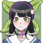  1girl black_hair blunt_bangs border chabashira_tenko closed_mouth collarbone danganronpa_(series) danganronpa_v3:_killing_harmony floral_print green_background green_eyes hair_ribbon hairband heart heart_print highres long_hair mole mole_under_eye pink_hairband portrait ribbon sailor_collar solo suiren_yurei white_border white_ribbon white_sailor_collar 