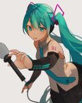  1girl absurdres bare_shoulders black_skirt black_sleeves blurry collared_shirt depth_of_field detached_sleeves green_eyes green_hair green_necktie grey_background grey_shirt hair_ornament hatsune_miku hatsune_miku_(vocaloid4) highres holding holding_microphone kofi-mo long_hair microphone necktie open_mouth outstretched_arms shirt shoulder_tattoo sketch skirt sleeveless sleeveless_shirt solo tattoo teeth twintails upper_body upper_teeth_only very_long_hair vocaloid 