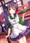  1girl :d ama_usa_an_uniform animal anko_(gochiusa) apron black_skirt blurry blurry_background bowl character_request chinomaron commentary_request cosplay couch crown depth_of_field food frilled_apron frills gochuumon_wa_usagi_desu_ka? green_kimono hair_ornament hairclip hand_up highres holding holding_tray indoors japanese_clothes kimono lapis_re:lights leaf_hair_ornament maid_apron mini_crown pleated_skirt rabbit side_ponytail skirt smile striped striped_kimono table tray ujimatsu_chiya ujimatsu_chiya_(cosplay) uniform vertical-striped_kimono vertical_stripes waitress white_apron window 