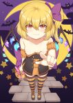  1girl absurdres akasaka_sato blonde_hair bow breasts candy crystal dildo embodiment_of_scarlet_devil fang flandre_scarlet food hair_bow halloween halloween_costume highres kneehighs looking_at_viewer night pointing pointing_at_viewer ponytail sex_toy side_ponytail small_breasts smile socks solo touhou wings 
