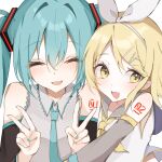  2girls aqua_eyes aqua_hair aqua_nails aqua_necktie asymmetrical_hair bare_shoulders black_sleeves blonde_hair closed_eyes detached_sleeves double_v hair_between_eyes hair_ornament hairband hairclip hatsune_miku highres hug kagamine_rin long_hair looking_to_the_side multiple_girls necktie number_tattoo open_mouth sailor_collar shirt short_hair shoulder_tattoo sleeveless sleeveless_shirt star-shaped_pupils star_(symbol) symbol-shaped_pupils tattoo twintails v vocaloid waimoniku white_hairband white_sailor_collar white_shirt yellow_eyes yellow_necktie 