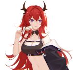  1girl adapted_costume arknights bare_shoulders black_jacket breasts cleavage commentary crop_top food hand_up highres holding holding_food horns hymxiaocyan jacket large_breasts long_hair midriff navel off_shoulder popsicle purple_eyes red_hair simple_background smile solo sports_bra stomach surtr_(arknights) upper_body very_long_hair white_background 