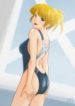  1girl artist_logo ass back back_focus blonde_hair blue_eyes blue_one-piece_swimsuit breasts competition_swimsuit from_behind lips looking_at_viewer looking_back medium_breasts nemuribuka one-piece_swimsuit open_mouth original short_hair smile solo standing swimsuit 
