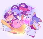  anniversary blonde_hair blue_hair blush_stickers closed_eyes colored_skin disembodied_limb fafameow flamberge_(kirby) francisca_(kirby) friend_star hat heart highres hyness kirby:_star_allies kirby_(series) looking_at_another military_hat one_eye_closed open_mouth pink_skin red_hair solid_oval_eyes star_(symbol) void_soul zan_partizanne 