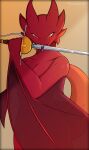  absurd_res anthro breasts dragon female forked_tongue hi_res horn licking_sword looking_at_viewer melee_weapon navel novah_ikaro red_body red_eyes red_scales scales shaded solo sword tail tongue viscera_maderi_(character) weapon winged_arms wings 