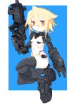  1girl absurdres android blonde_hair blue_background breasts commentary_request full_body gun hair_between_eyes highres holding holding_gun holding_weapon joints looking_at_viewer mechanical_arms mechanical_legs navel open_mouth orange_eyes original robot_girl robot_joints shimosuke short_hair simple_background small_breasts solo weapon 