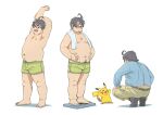  1boy :p arms_up back_peek bara belly belly_grab boxers chest_hair drooling facial_hair fat fat_man full_body glasses green_male_underwear grey_hair highres labcoat male_focus male_underwear mature_male mouth_drool neroli_(pokemon) niku_(kemoniku120) pants pikachu plump pokemon_sleep round_eyewear shoes short_hair sleepy squatting stretching stubble sweat thick_eyebrows tongue tongue_out topless_male towel towel_around_neck underwear underwear_only weight_conscious 