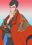  1boy alternate_costume antique_firearm arm_hair arsene_lupin_iii black_eyes black_hair black_kimono blunderbuss gradient_background gun hand_hair hand_on_own_chin japanese_clothes kimono long_sideburns looking_at_viewer lupin_iii male_focus mature_male mzochi one_eye_closed red_eyeliner sideburns smile sword weapon 