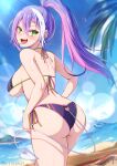  1girl absurdres aryanne ass bare_shoulders beach bikini breasts demon_girl demon_tail ear_piercing fang gradient_hair green_eyes hair_between_eyes highres hololive large_breasts long_hair looking_at_viewer multicolored_hair outdoors piercing pink_hair pointy_ears ponytail purple_bikini purple_hair side-tie_bikini_bottom solo swimsuit tail thighs tokoyami_towa tokoyami_towa_(5th_costume) virtual_youtuber white_hair 