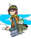  1boy 1girl bag blue_eyes chrono_trigger closed_mouth cloud frog_(chrono_trigger) glasses helmet highres kattsu looking_at_viewer lucca_ashtear purple_hair scarf short_hair shoulder_bag sword weapon 