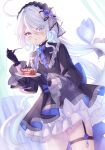  1girl absurdres ahoge alternate_costume black_dress black_gloves black_hairband black_straps blue_eyes blue_flower blue_gemstone blue_hair cake chage00 chestnut_mouth dress drop-shaped_pupils eating floating_hair flower food food_on_face fork furina_(genshin_impact) gem genshin_impact gloves grey_hair hair_between_eyes hairband highres holding holding_fork holding_plate light_blue_hair long_hair long_sleeves mismatched_pupils multicolored_hair parted_lips plate purple_flower sidelocks thigh_strap wide_sleeves 