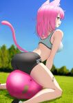  1girl :d absurdres animal_ear_fluff animal_ears arched_back ass back ball bare_shoulders black_shorts blue_sky blurry blurry_background bra breasts cat_ears cat_girl day exercise_ball fang feet_out_of_frame from_side grass highres kneeling leaning_forward looking_to_the_side medium_breasts medium_hair midriff open_mouth original outdoors pink_eyes pink_hair shoes short_shorts shorts sitting sitting_on_object skin_fang sky smile solo sports_bra sportswear spread_legs straddling sweat syatihoko123 tail tail_raised thighs tree underwear white_bra 
