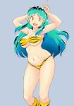  1girl :d animal_print bikini breasts commentary_request fang green_hair grey_background highres horns index_finger_raised long_hair looking_at_viewer lum medium_breasts navel open_mouth print_bikini simple_background smile solo standing swimsuit tiger_print tof urusei_yatsura yellow_bikini yellow_eyes yellow_horns 