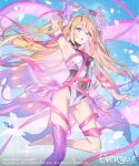  1girl :o absurdres ahoge arm_up armpits azu-taro bare_shoulders barefoot blonde_hair blue_eyes breasts cape character_request covered_navel evertale highleg highleg_leotard highres holding holding_wand leotard long_hair looking_at_viewer official_art open_mouth pink_ribbon purple_thighhighs ribbon single_thighhigh small_breasts solo thighhighs thighs two_side_up very_long_hair wand white_leotard 