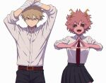 1boy 1girl :d akiyama_(noconoco) arms_up ashido_mina bakugou_katsuki bandaged_arm bandages belt belt_buckle black_pants black_sclera black_skirt blonde_hair boku_no_hero_academia buckle closed_mouth collared_shirt colored_sclera colored_skin commentary_request dress_shirt frown hair_between_eyes hands_up horns long_sleeves looking_at_viewer necktie open_mouth pants pink_hair pink_skin pleated_skirt red_belt red_eyes red_necktie school_uniform serious shirt short_hair simple_background skirt sleeves_rolled_up smile spiked_hair teeth upper_teeth_only v-shaped_eyebrows white_background white_shirt wing_collar yellow_eyes 