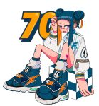  1girl aqua_shorts bandaid bandaid_on_cheek bandaid_on_face bandaid_on_leg bandaid_on_nose blue_footwear blue_hair blush colored_inner_hair commentary dark_blue_hair double_bun hair_bun hand_up highres jacket knees_up lightning_bolt_symbol long_sleeves looking_at_viewer multicolored_hair nao97122 open_mouth orange_hair original print_jacket purple_eyes ringed_eyes shoes shorts sidelocks simple_background sitting sneakers socks solo striped striped_jacket two-tone_hair vertical-striped_jacket vertical_stripes white_background white_jacket white_socks zipper zipper_pull_tab 