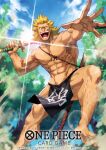  1boy abs biceps blonde_hair cloud cloudy_sky dai-xt english_text forest fundoshi holding holding_sword holding_weapon japanese_clothes katana kinemon long_hair looking_at_viewer male_focus manly mature_male muscular muscular_male nature no_pants no_shirt one_piece open_mouth outdoors pectorals scabbard sheath sky smile solo sparkle spiked_hair sword teeth tongue tree weapon 