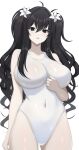  1girl ahoge bare_shoulders black_eyes black_hair blush breasts collarbone covered_navel flower fubuki_(senran_kagura) hair_between_eyes hair_flower hair_ornament hand_on_own_chest highres large_breasts long_hair looking_at_viewer one-piece_swimsuit pale_skin senran_kagura senran_kagura_new_link sideboob simple_background solo surippa1010 swimsuit teeth white_flower white_lily 